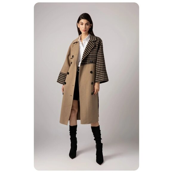 Nwt Quaint Josephine Double Breasted Khaki Patchwork Check Coat sz xs - Picture 1 of 10